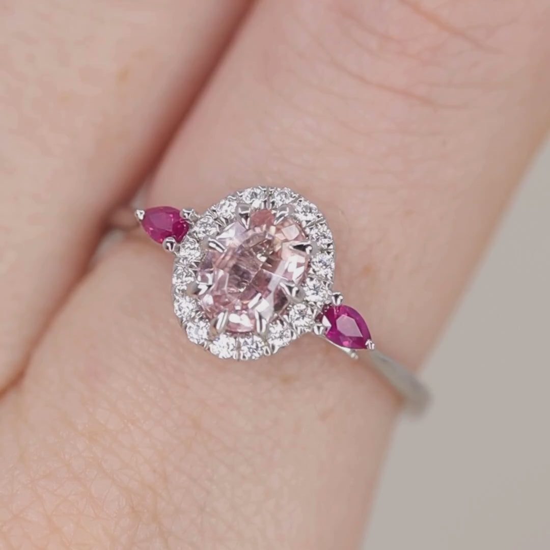 Georgina - Oval Cut Morganite, Ruby and Diamond Trilogy Halo Engagement Ring Engagement Rings - Made-to-Order
