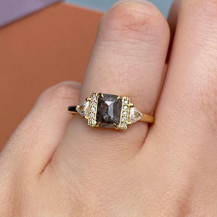 Ophelia - Emerald Cut Salt & Pepper Diamond Art Deco Engagement Ring Engagement Rings - Price On Application