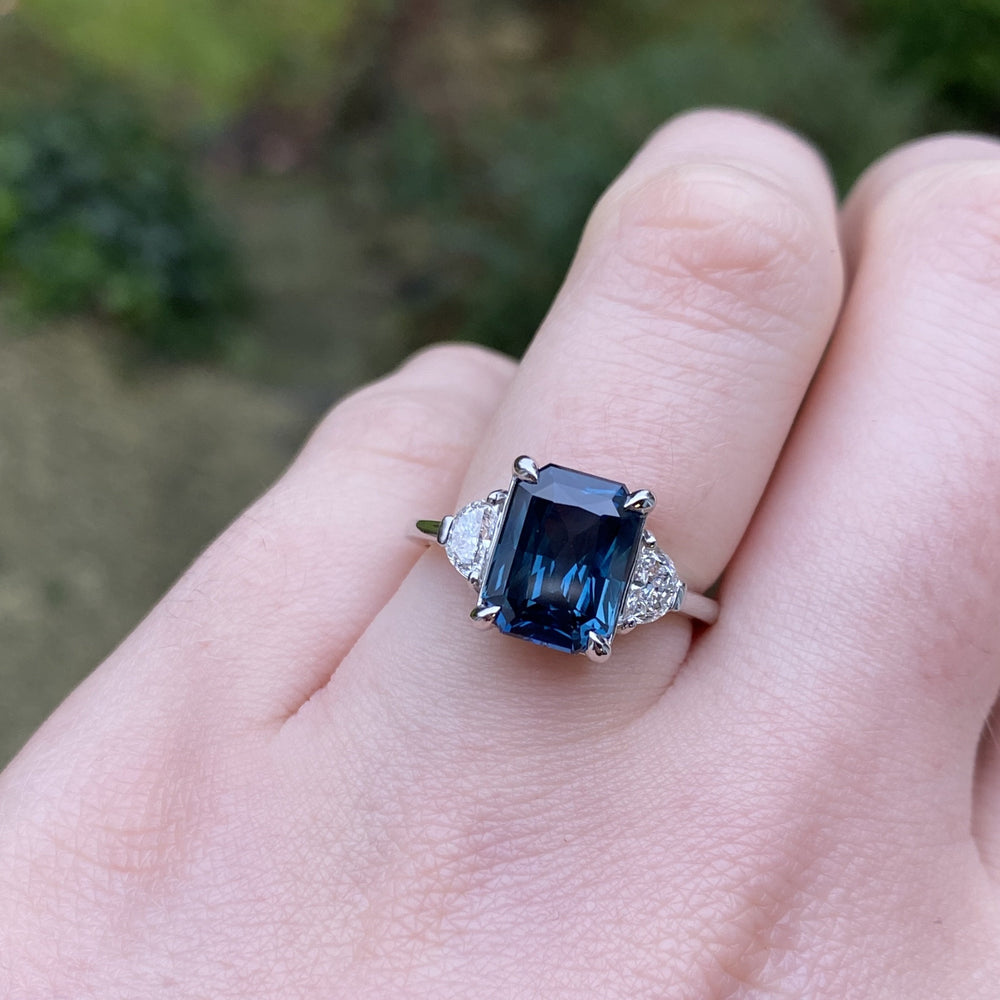 Luna - Radiant Cut Teal Sapphire and Diamond Trilogy Engagement Ring Engagement Rings - Price On Application