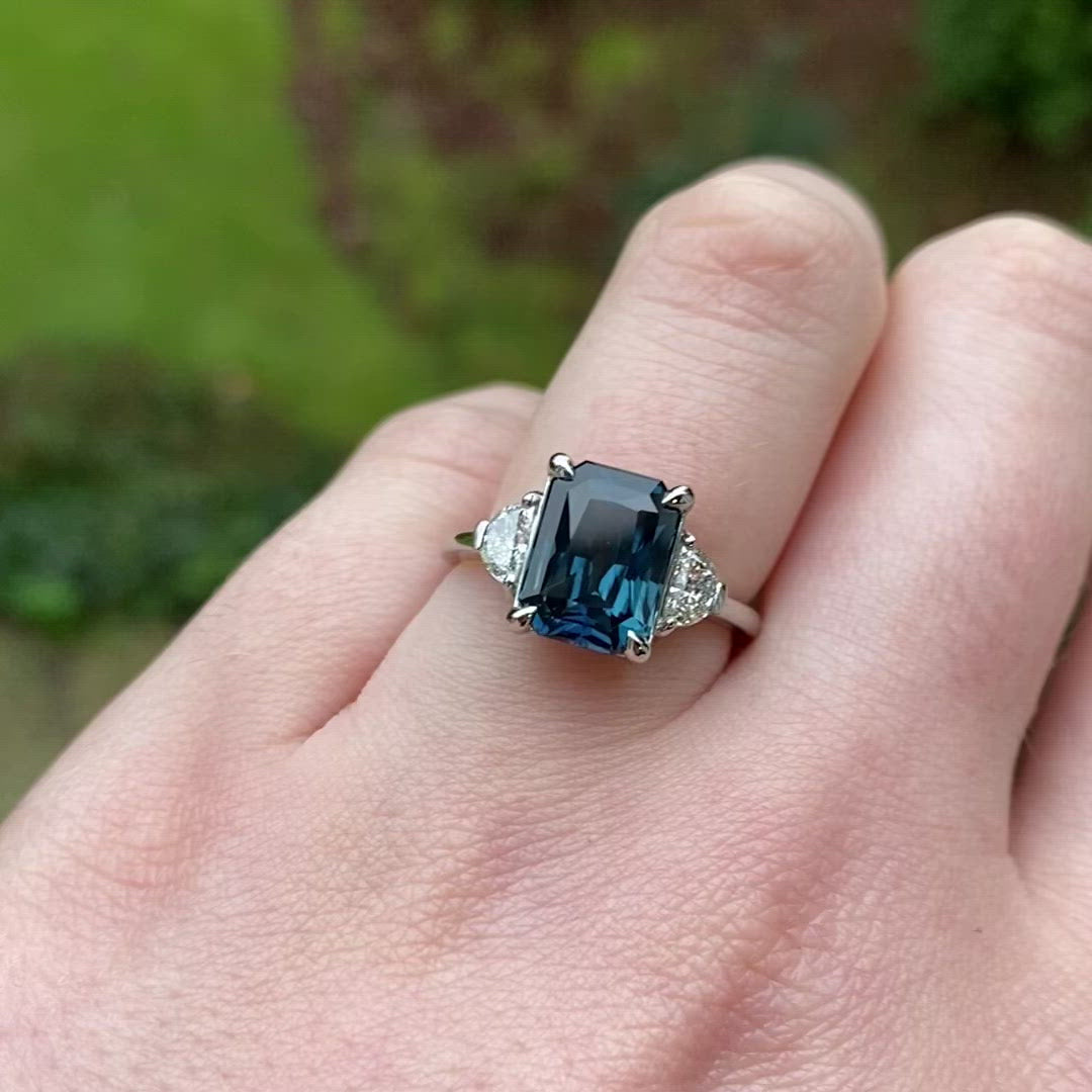Luna - Radiant Cut Teal Sapphire and Diamond Trilogy Engagement Ring Engagement Rings - Price On Application