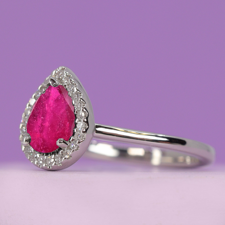 Winter - Pear Shaped Ruby and Diamond Halo Engagement Ring