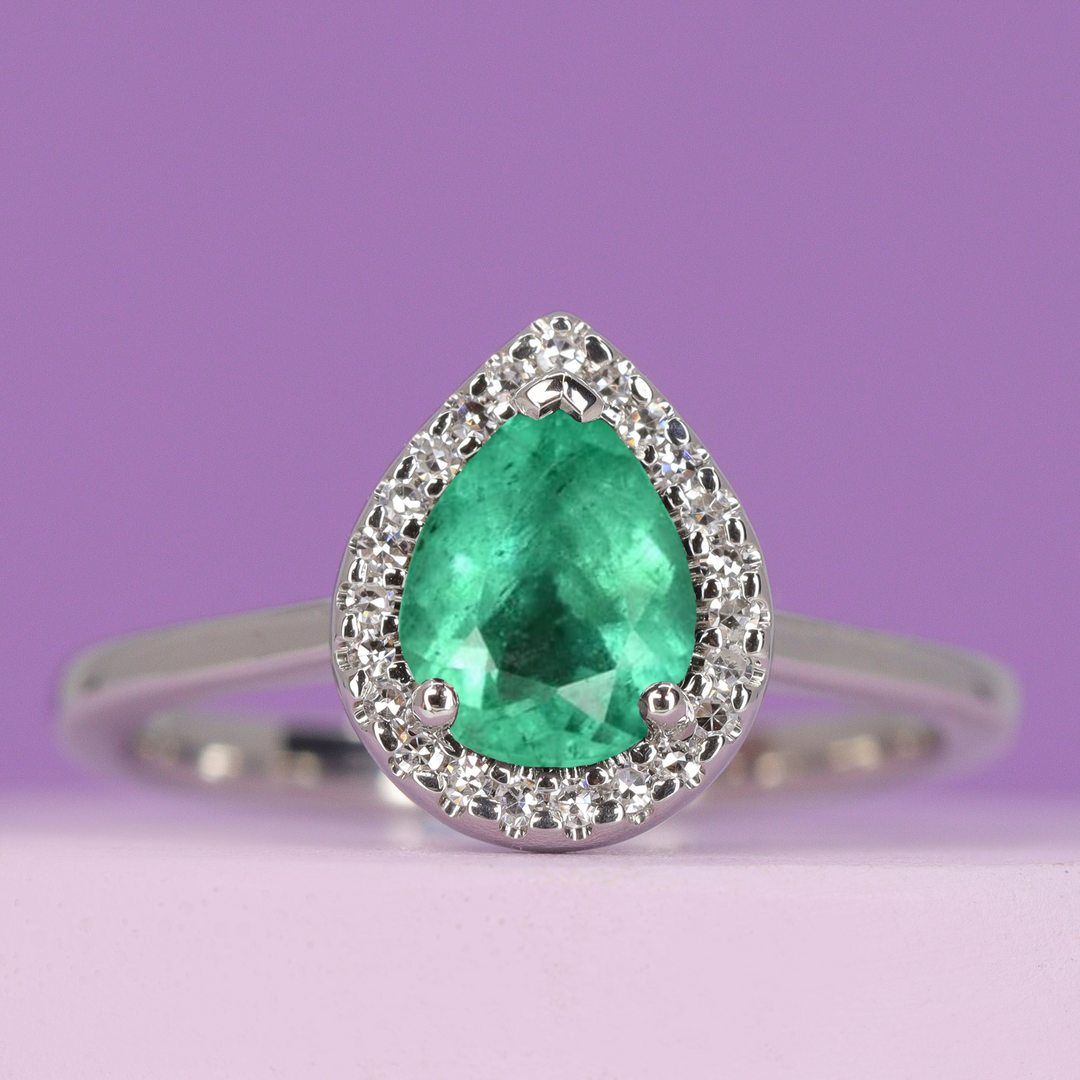 Winter - Pear Shaped Emerald and Diamond Halo Engagement Ring