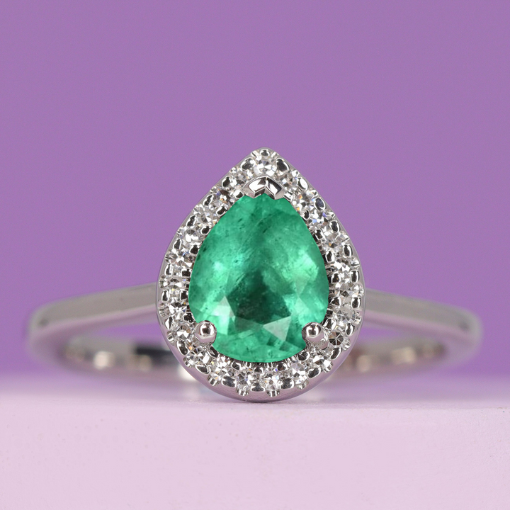 Winter - Pear Shaped Emerald and Diamond Halo Engagement Ring