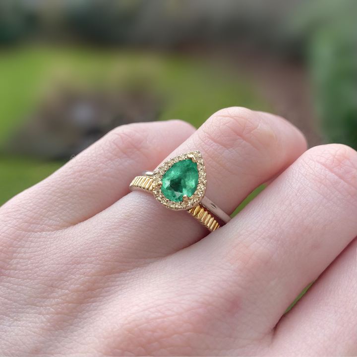 Winter - Pear Shaped Emerald and Diamond Halo Engagement Ring