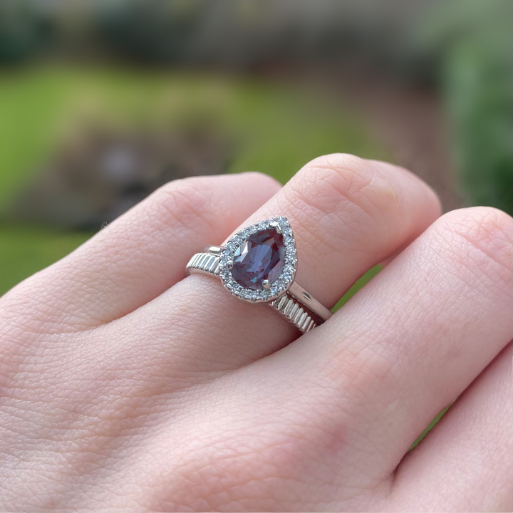 Winter - Pear Shaped Lab-Grown Alexandrite and Diamond Halo Engagement Ring