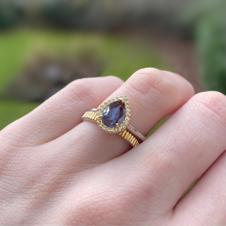 Winter - Pear Shaped Lab-Grown Alexandrite and Diamond Halo Engagement Ring