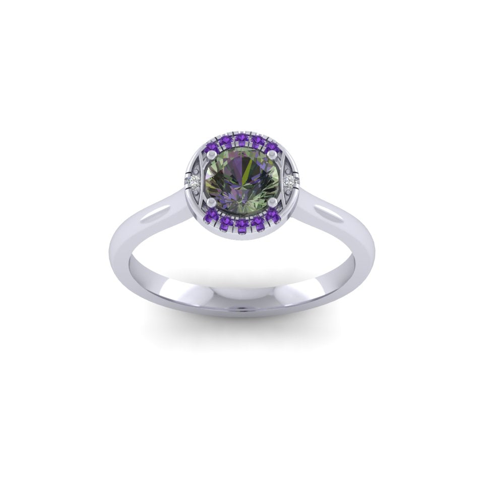 Serena - Mini Wimbledon Collection - Green Sapphire Ring with Halo of Purple Sapphires and Diamonds - Made-to-Order