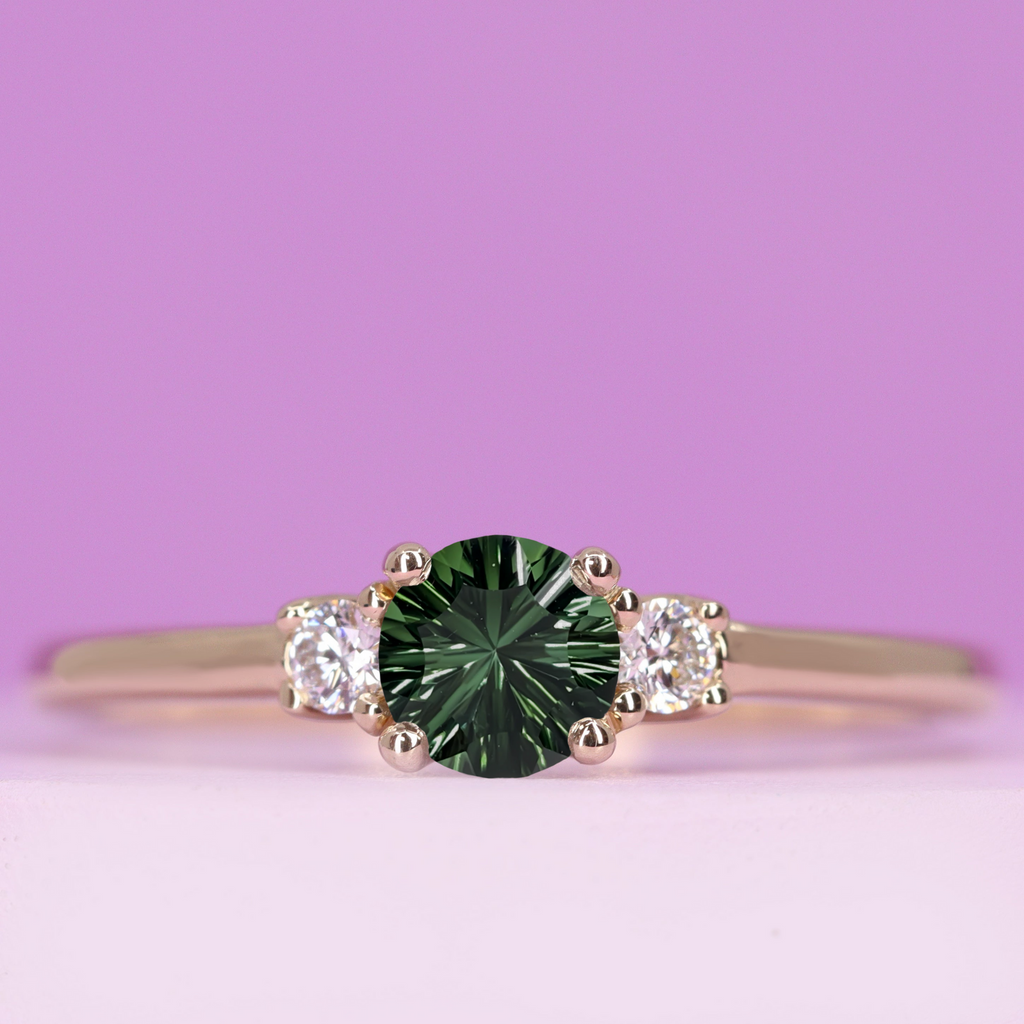 Millie - Round Optix Cut Green Tourmaline and Diamond Trilogy Engagement Ring