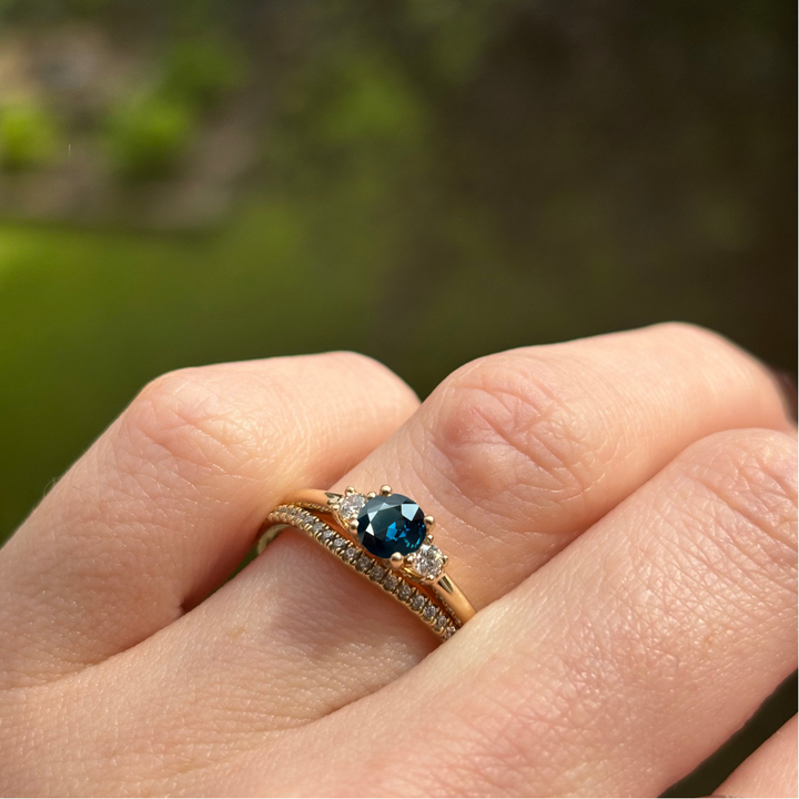 Millie - Round Brilliant Cut Teal Sapphire and Diamond Trilogy Engagement Ring