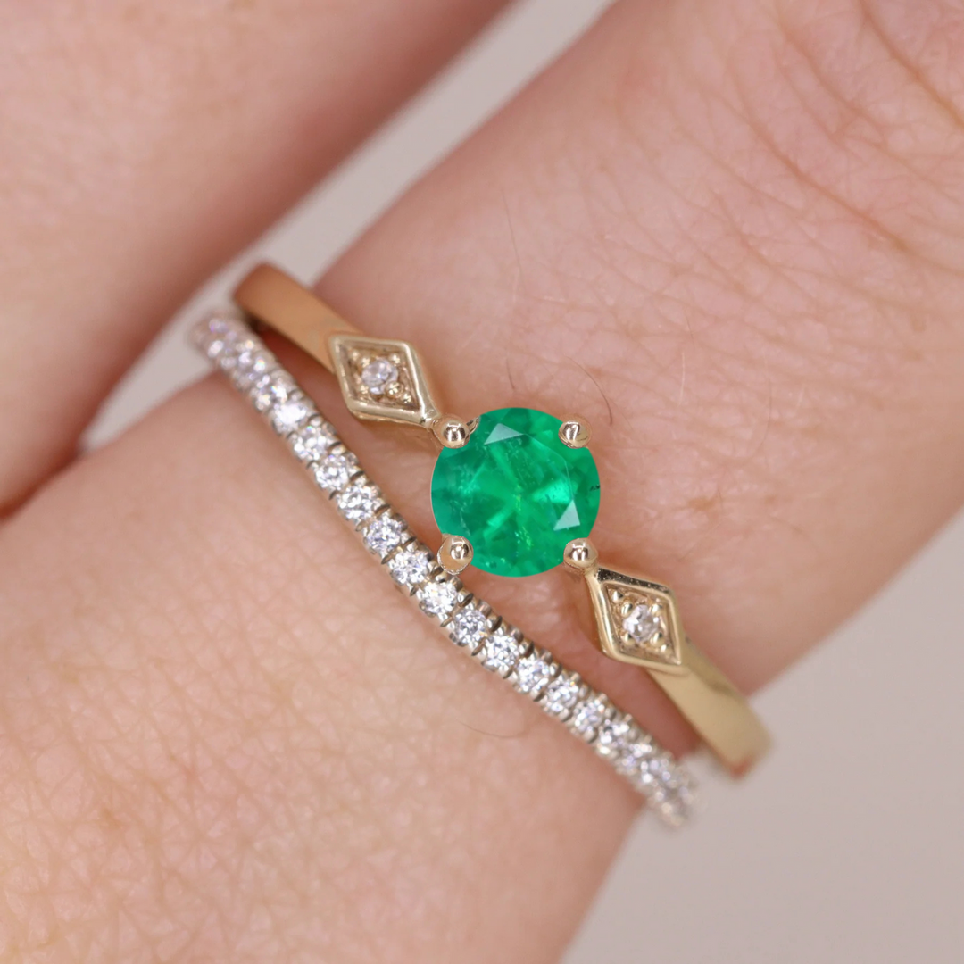 Hollie - Round Cut Emerald Art Deco Trilogy Engagement Ring