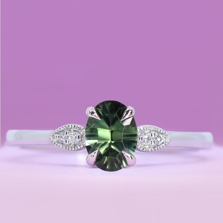 Rosa - Optix Oval Cut Green Tourmaline and Diamond Trilogy Engagement Ring