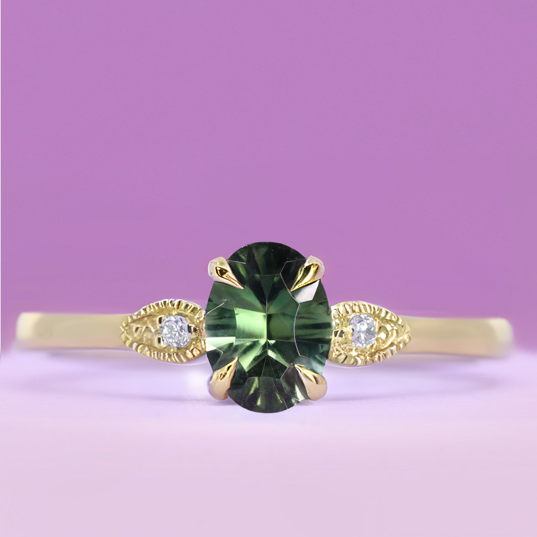 Rosa - Optix Oval Cut Green Tourmaline and Diamond Trilogy Engagement Ring