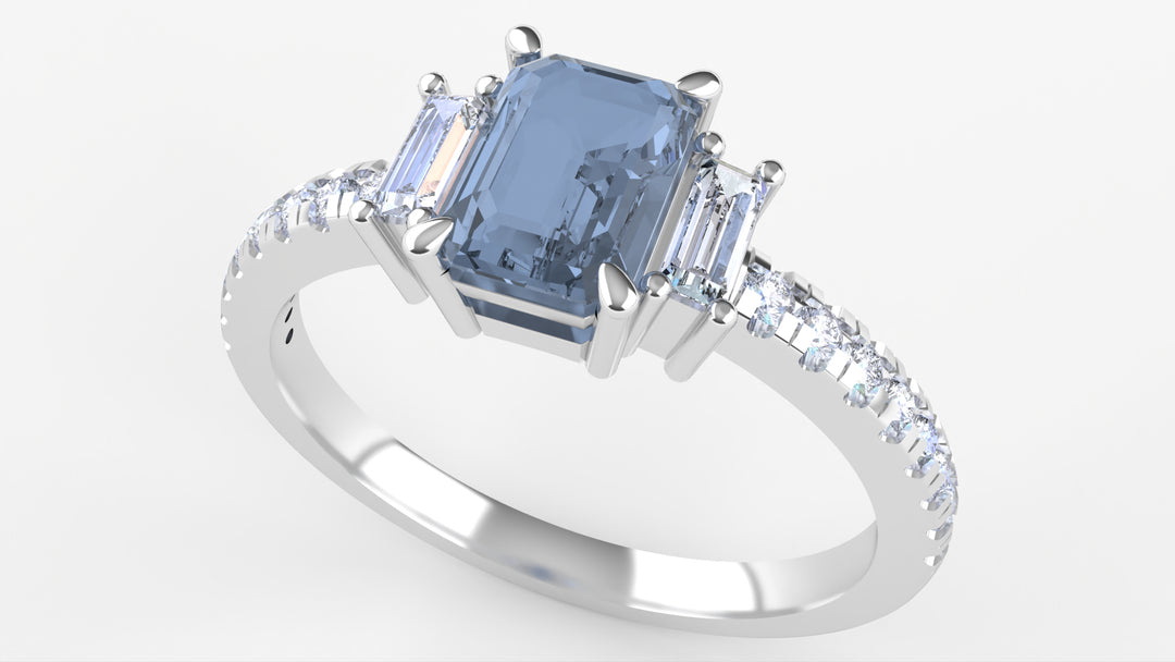 Liberty - The Taylor Collection - Radiant Cut Blue Sapphire Trilogy Engagement Ring with Lab Grown Diamond Baguettes and Shoulder Stones - Made-to-Order