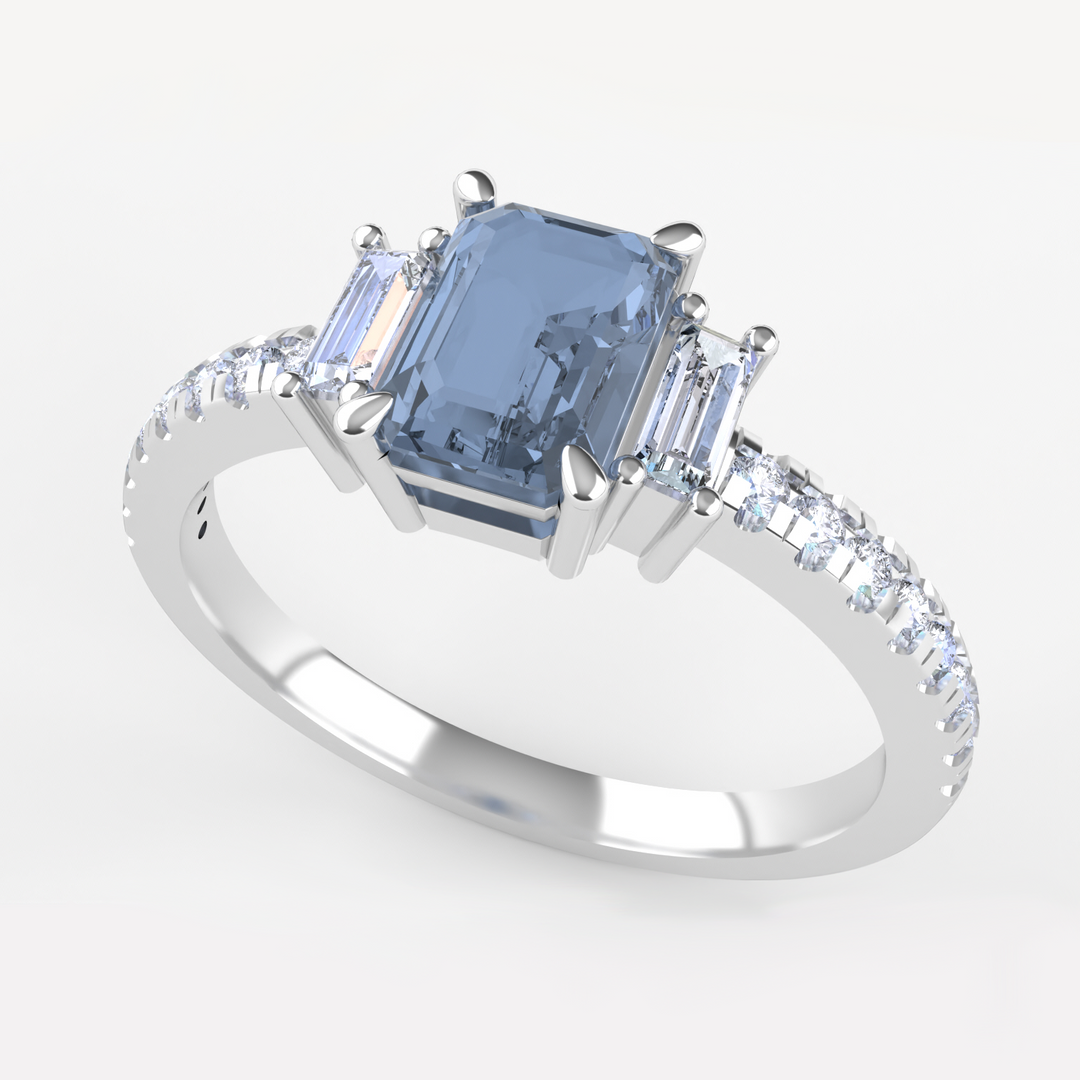 Liberty - The Taylor Collection - Radiant Cut Blue Sapphire Trilogy Engagement Ring with Lab Grown Diamond Baguettes and Shoulder Stones - Made-to-Order