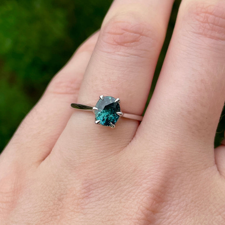 Raine - Oval Cut Teal Sapphire Floral Basket Solitaire Made-to-Order Engagement Ring