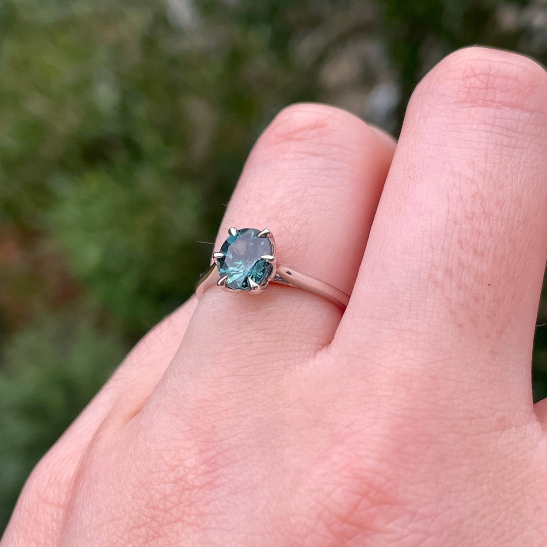 Raine - Oval Cut Teal Sapphire Floral Basket Solitaire Made-to-Order Engagement Ring