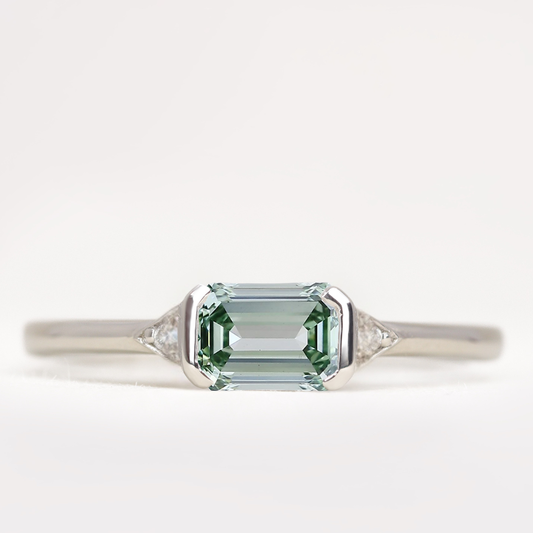 Hattie - Emerald or Radiant Cut Coloured Lab Grown Diamond East-West Art Deco Trilogy Engagement Ring