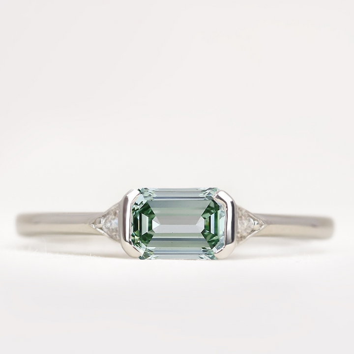 Hattie - Emerald or Radiant Cut Coloured Lab Grown Diamond East-West Art Deco Trilogy Engagement Ring