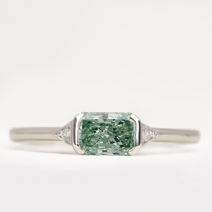 Hattie - Emerald or Radiant Cut Coloured Lab Grown Diamond East-West Art Deco Trilogy Engagement Ring