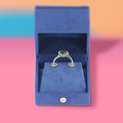 April - Crocs Engagement Charm - Round Brilliant Cut Green Sapphire with Lab Grown Diamond Halo in Silver - Custom Made-to-Order Design