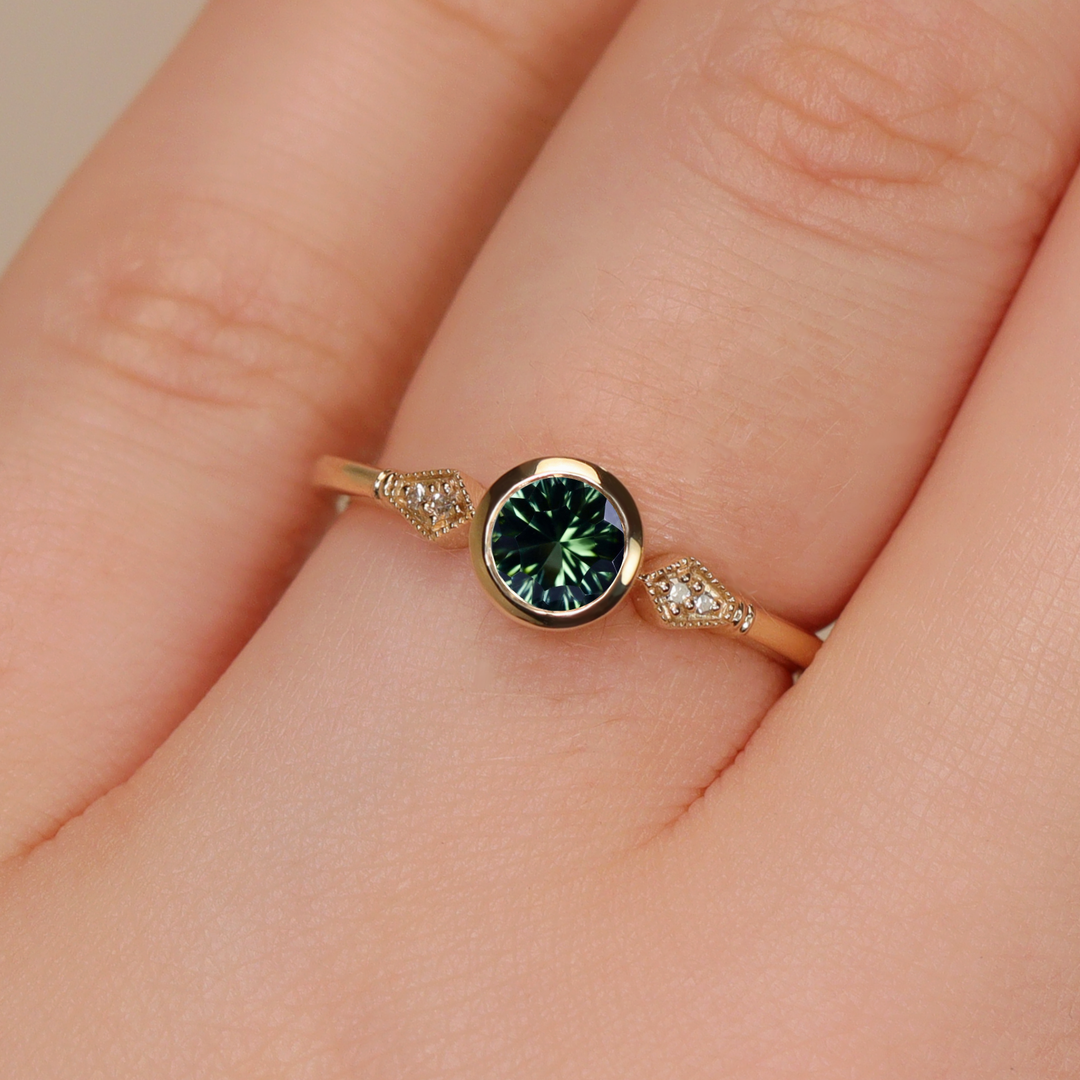 Lola - Round Optix Cut Green Tourmaline Art Deco Engagement Ring