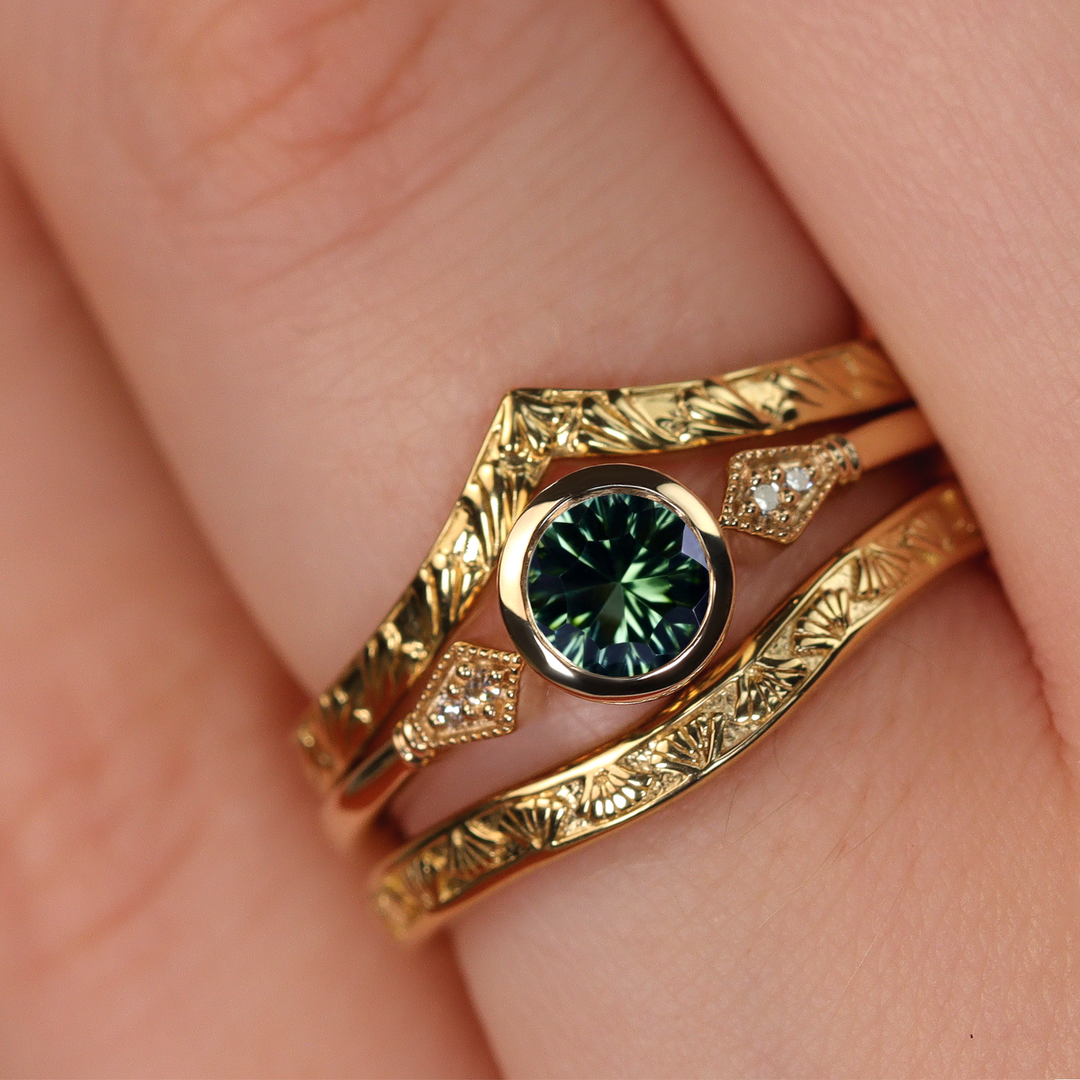 Lola - Round Optix Cut Green Tourmaline Art Deco Engagement Ring