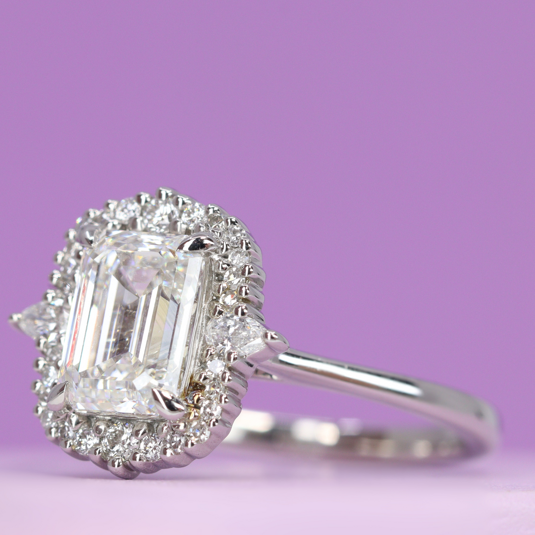 Cordelia - Emerald Cut Lab-Grown Diamond Graduated Halo Engagement Ring