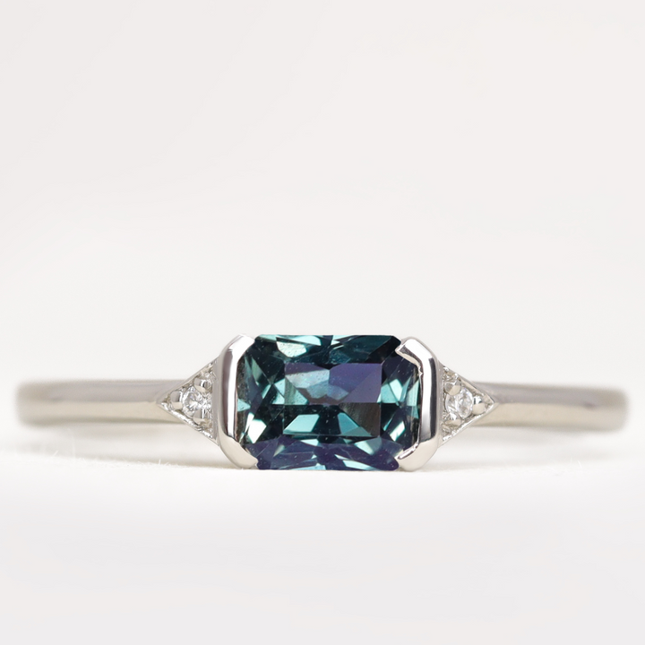 Hattie - Radiant Cut Teal Blue Sapphire Art Deco Trilogy Engagement Ring