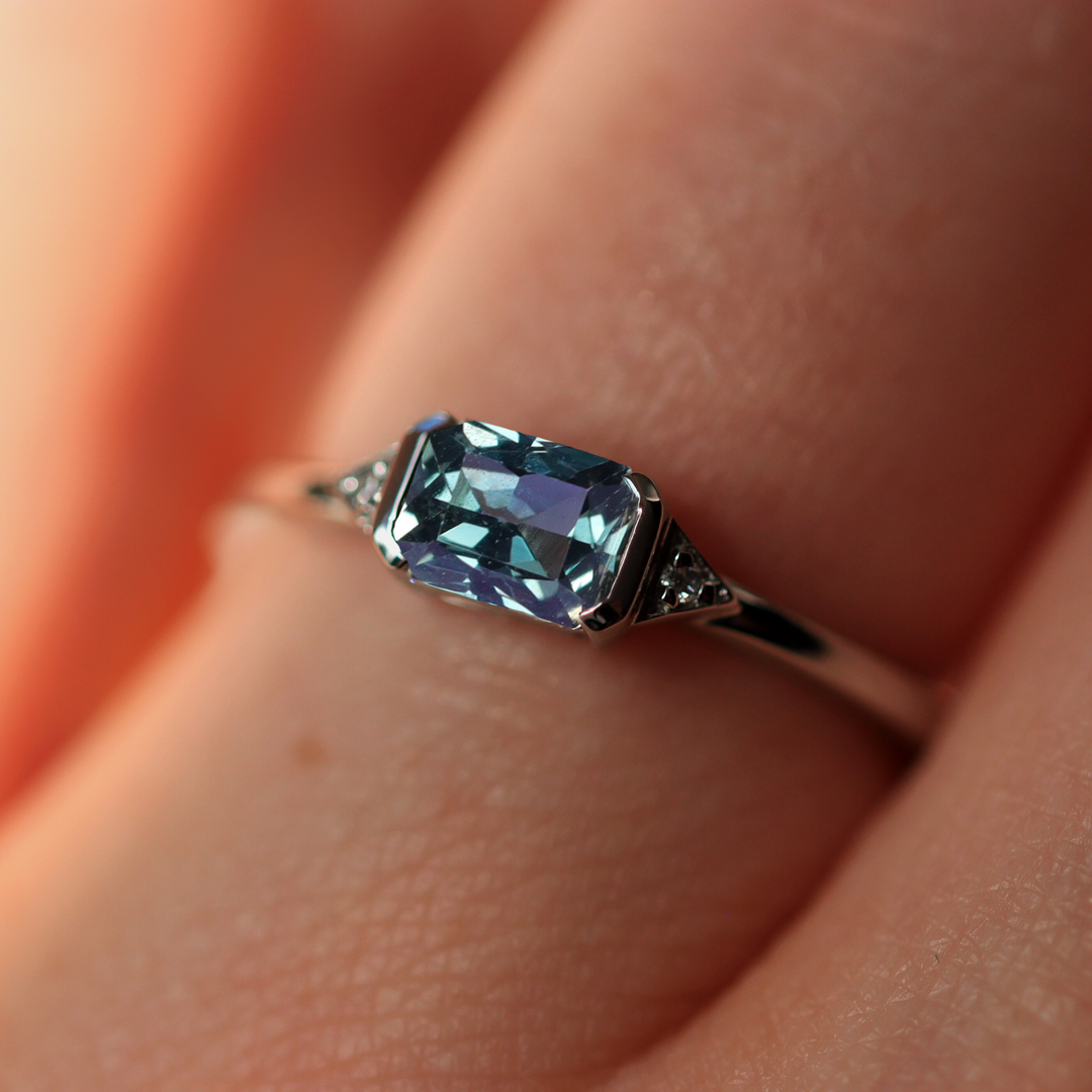 Hattie - Radiant Cut Teal Blue Sapphire Art Deco Trilogy Engagement Ring