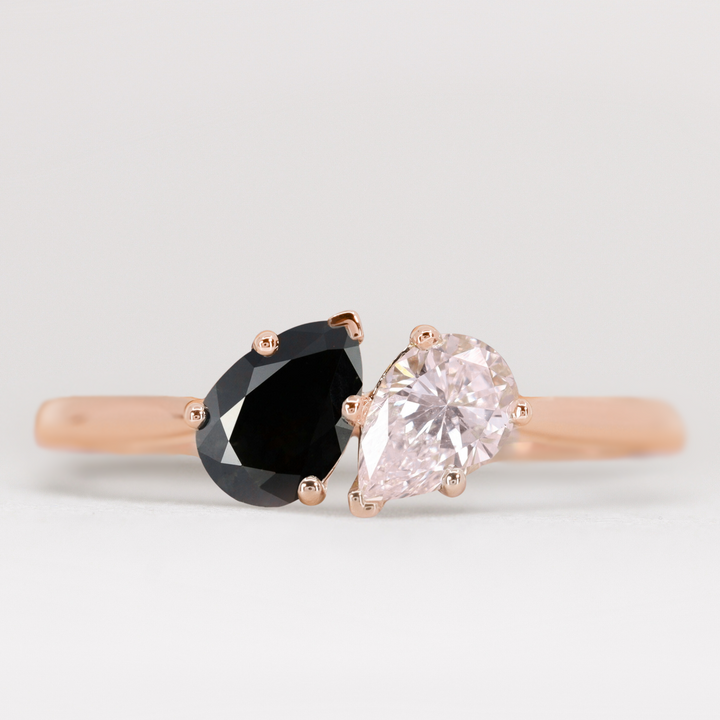 Juno - Pear Cut Black Diamond and Colourless Diamond Toi et Moi Engagement Ring