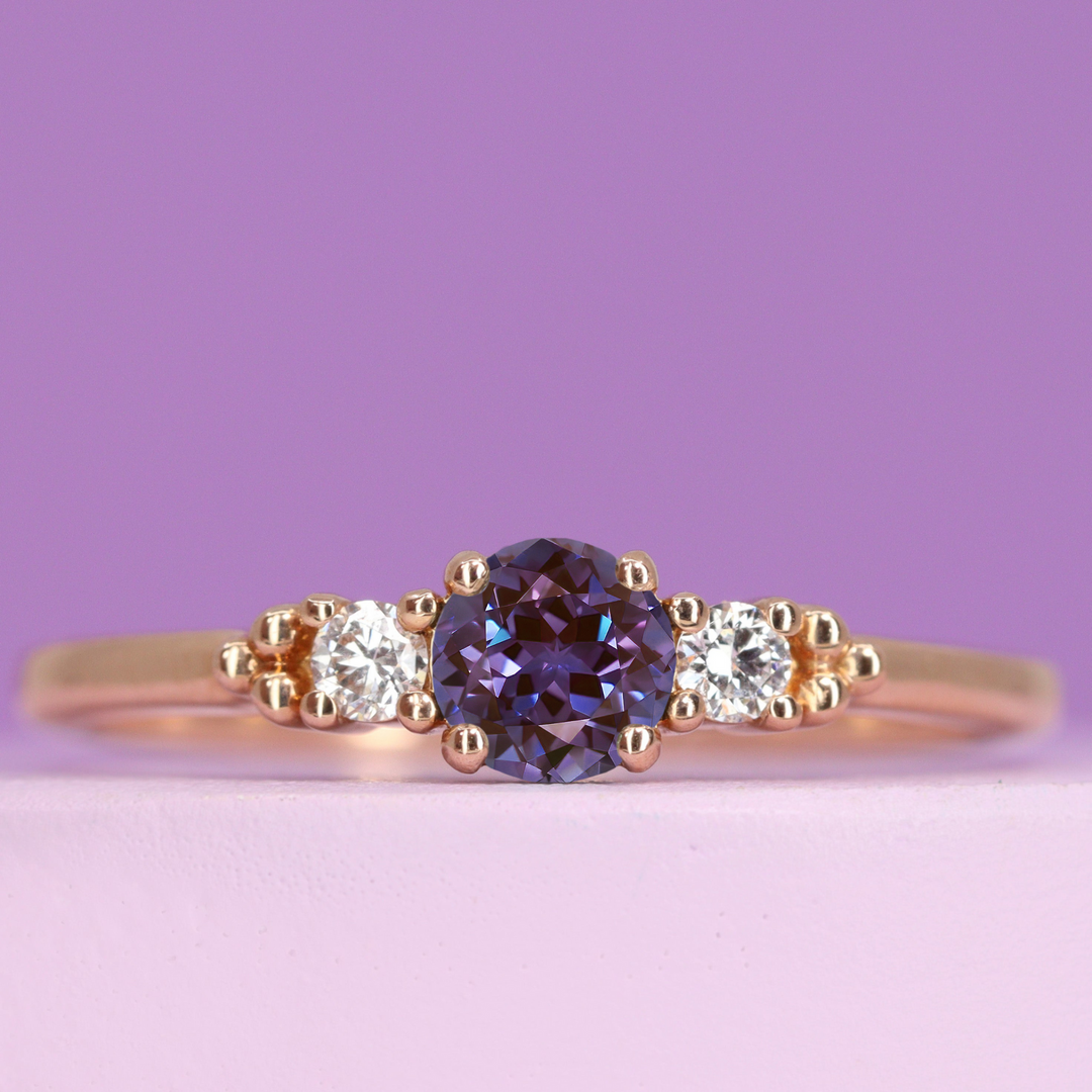 Natalia - Round Brilliant Cut Lab-Grown Alexandrite and Diamond Trilogy Engagement Ring