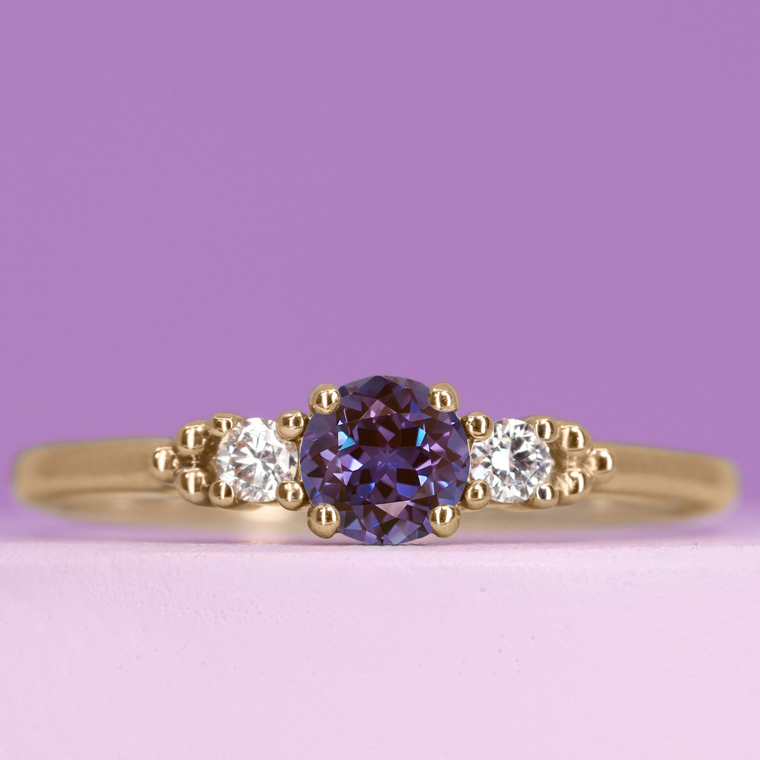 Natalia - Round Brilliant Cut Lab-Grown Alexandrite and Diamond Trilogy Engagement Ring