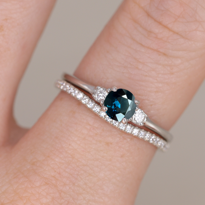 Millie - Round Brilliant Cut Teal Sapphire and Diamond Trilogy Engagement Ring