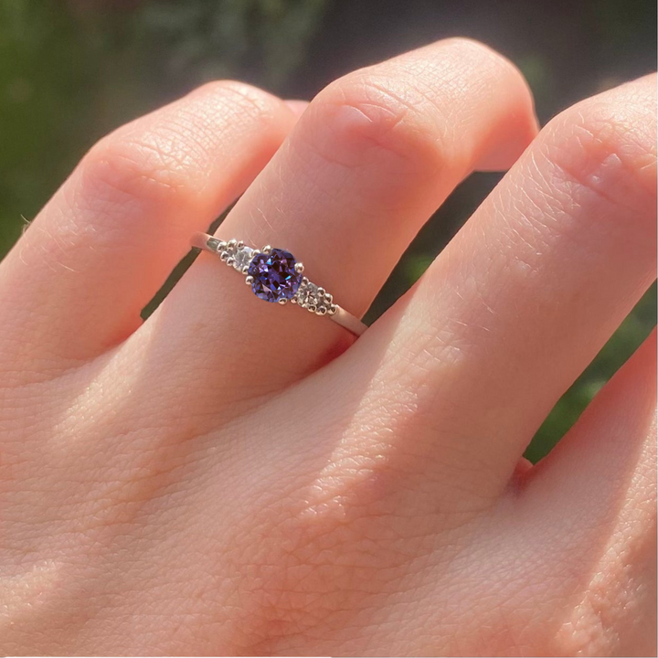 Natalia - Round Brilliant Cut Lab-Grown Alexandrite and Diamond Trilogy Engagement Ring