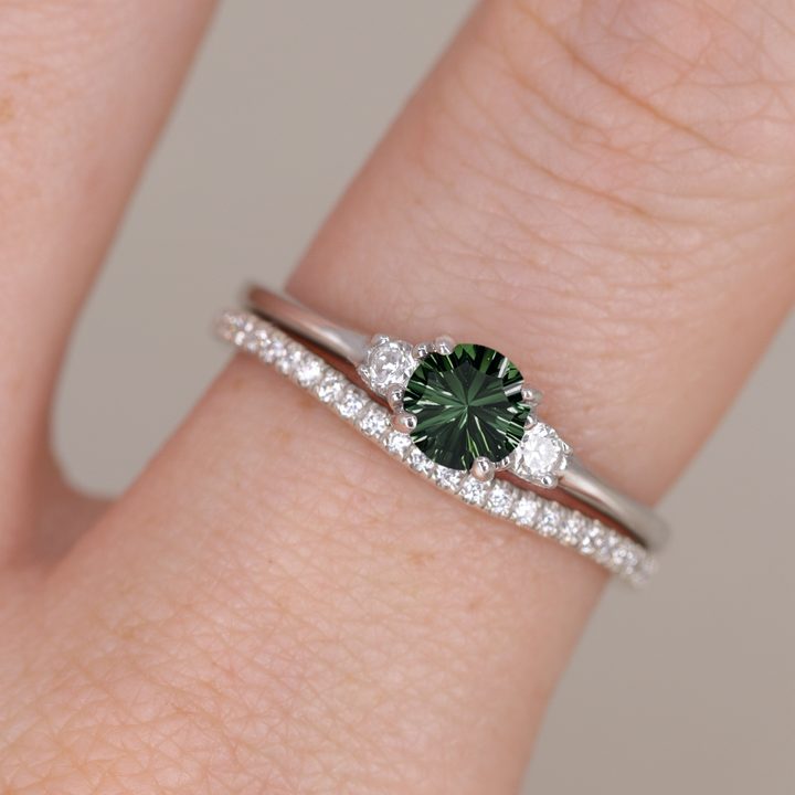 Millie - Round Optix Cut Green Tourmaline and Diamond Trilogy Engagement Ring