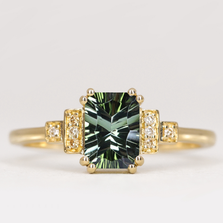 Grace - Optix Emerald Cut Green Tourmaline Cluster Art Deco Engagement Ring