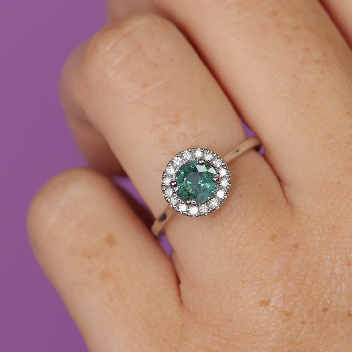 April - Round Teal Sapphire Halo Engagement Ring