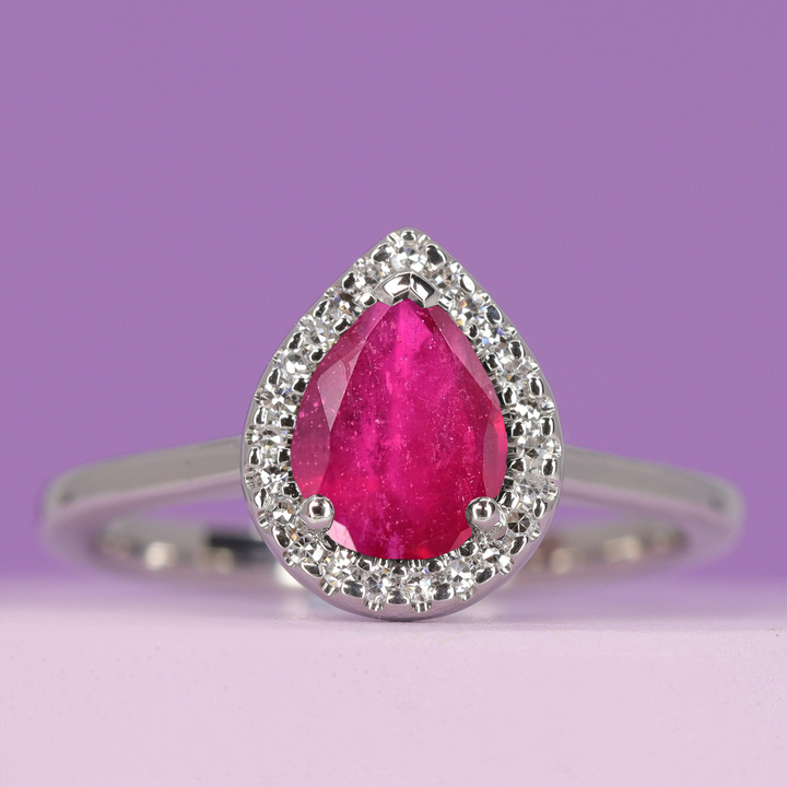 Winter - Pear Shaped Ruby and Diamond Halo Engagement Ring