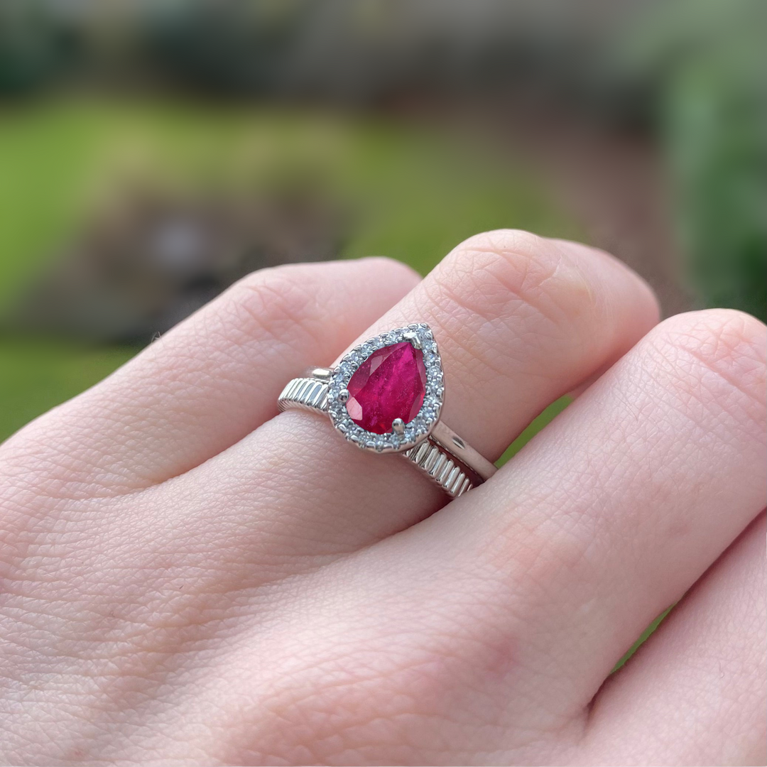 Winter - Pear Shaped Ruby and Diamond Halo Engagement Ring