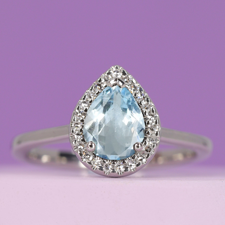 Winter - Pear Shaped Aquamarine and Diamond Halo Engagement Ring