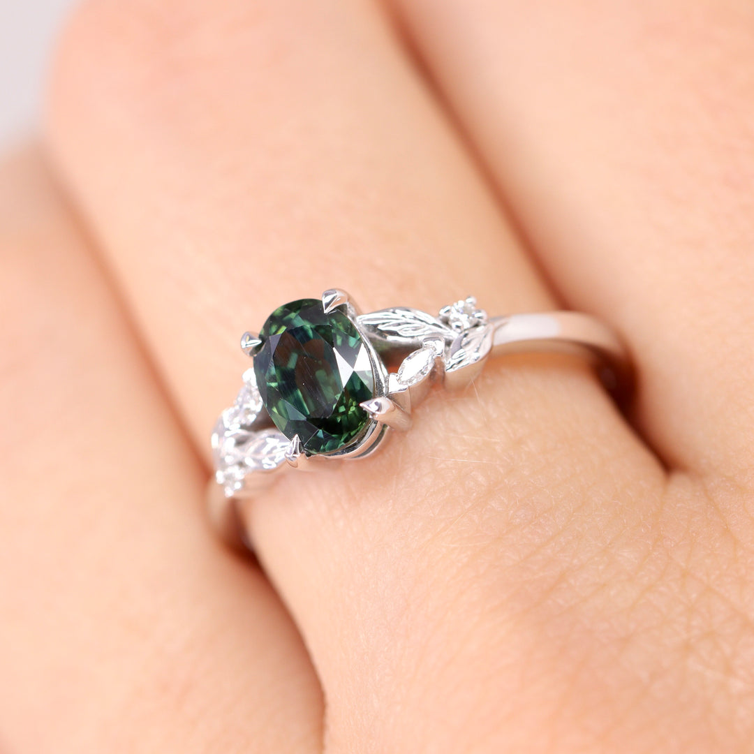 Amy - Oval Teal Sapphire Floral Nature-Inspired Split Shoulder Engagement Ring - Ready-to-Wear Engagement Rings - Ready-to-Ship