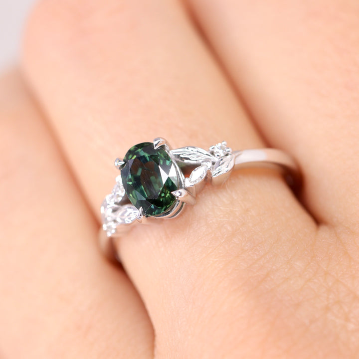 Amy - Oval Teal Sapphire Floral Nature-Inspired Split Shoulder Engagement Ring - Ready-to-Wear Engagement Rings - Ready-to-Ship