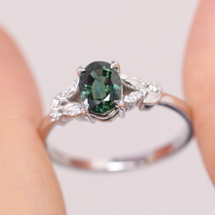 Amy - Oval Teal Sapphire Floral Nature-Inspired Split Shoulder Engagement Ring - Ready-to-Wear Engagement Rings - Ready-to-Ship