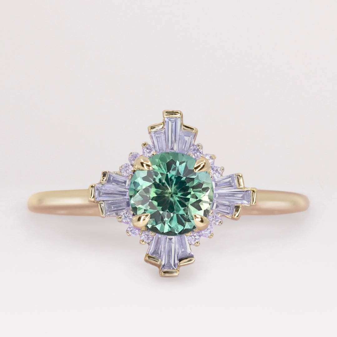 Ada - Teal Sapphire and Diamond Art Deco Halo Engagement Ring Engagement Rings - Price On Application