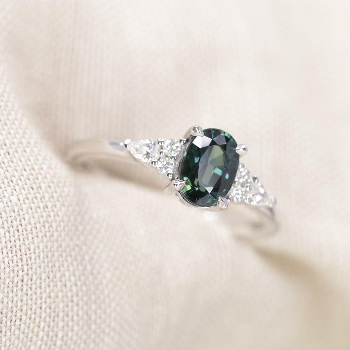 Alana - Oval Cut Blue Teal Sapphire Floral Cluster Made-to-Order Engagement Ring Engagement Rings - Made-to-Order
