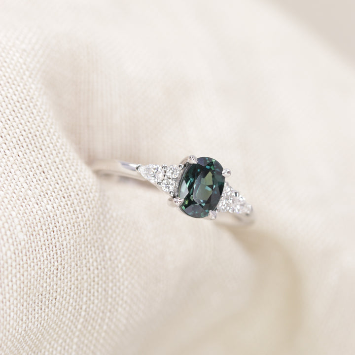Alana - Oval Cut Blue Teal Sapphire Floral Cluster Made-to-Order Engagement Ring Engagement Rings - Made-to-Order