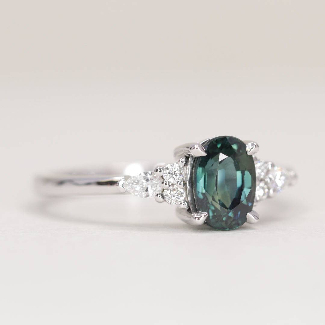Alana - Oval Cut Blue Teal Sapphire Floral Cluster Made-to-Order Engagement Ring Engagement Rings - Made-to-Order