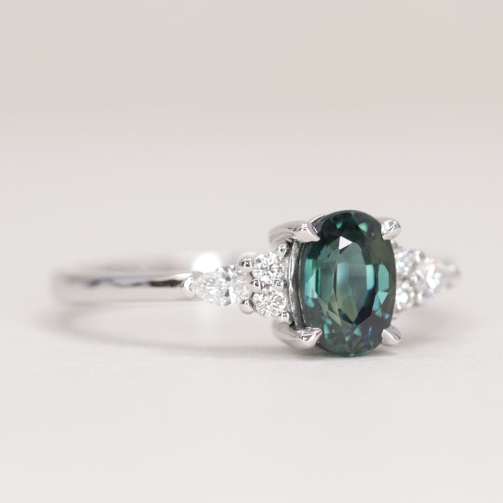 Alana - Oval Cut Blue Teal Sapphire Floral Cluster Made-to-Order Engagement Ring Engagement Rings - Made-to-Order