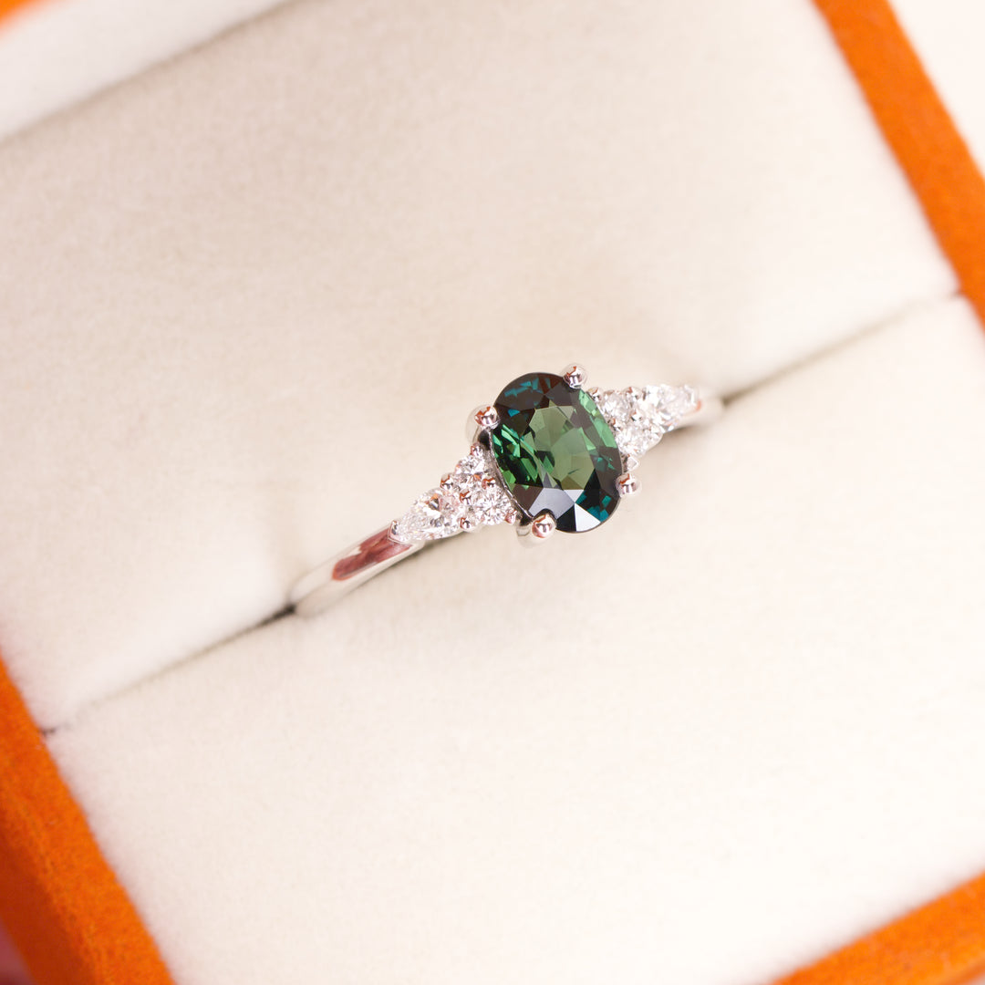 Alana - Oval Cut Blue Teal Sapphire Floral Cluster Engagement Ring - Ready-to-Wear Engagement Rings - Ready-to-Ship