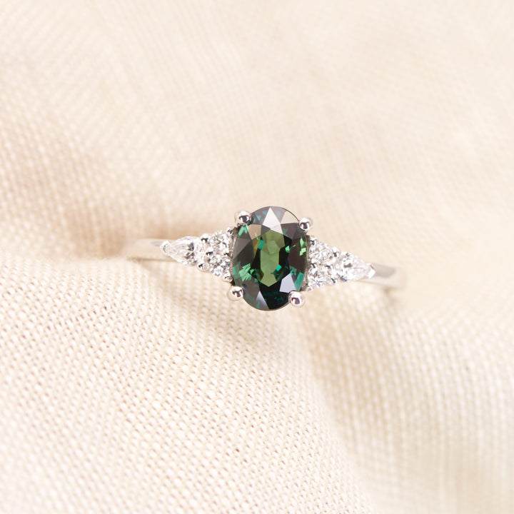 Alana - Oval Cut Blue Teal Sapphire Floral Cluster Engagement Ring - Ready-to-Wear Engagement Rings - Ready-to-Ship